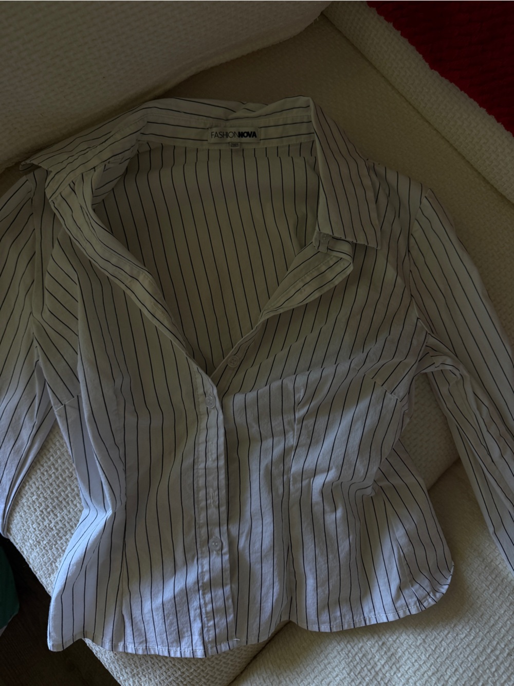 Fashion Nova White Shirt with Black Pinstripes Button-Down